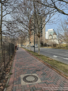 a brick sidewalk with trees and a street