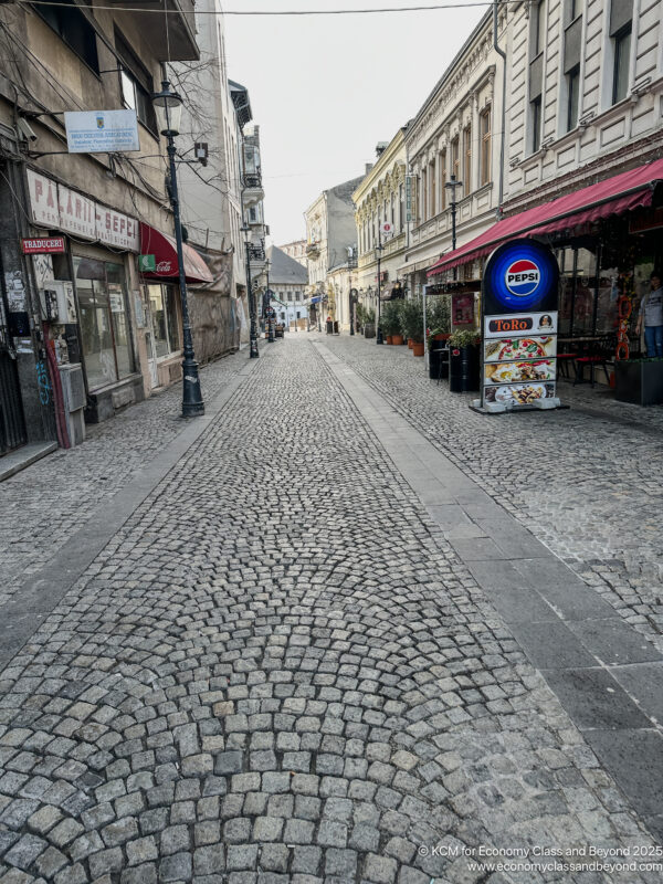 a stone street with buildings and shops