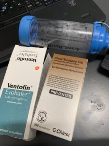 Blue and Brown inhailers with a spacer - Image, Economy Class and Beyond