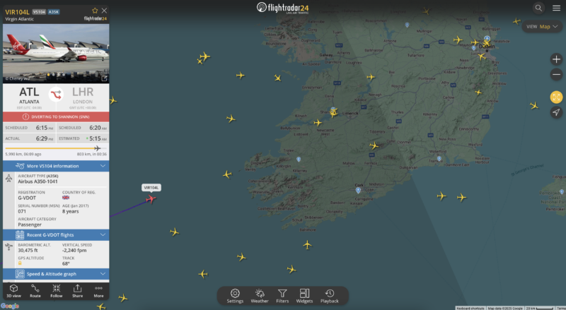 Diversions to Shannon - Image, FlightRadar24 