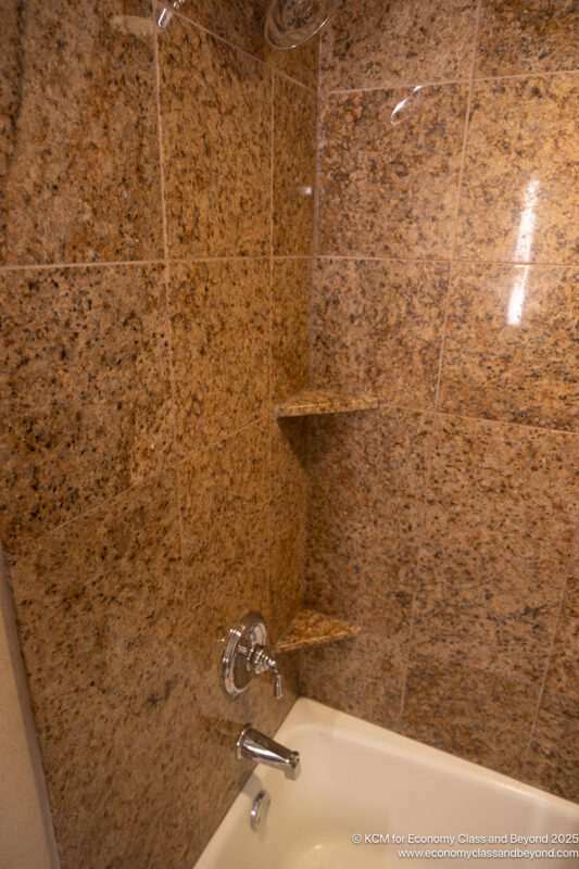 a shower with a marbled wall