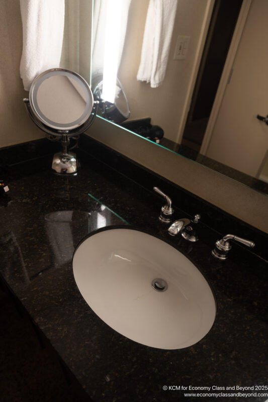 a sink with a mirror on the counter