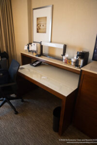 a desk with a chair and a television