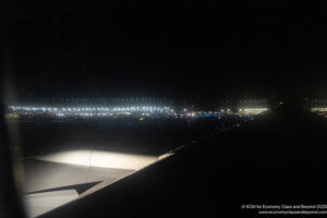 an airplane wing at night