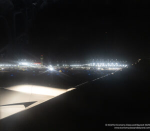 an airplane wing at night