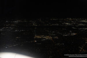 an aerial view of a city at night