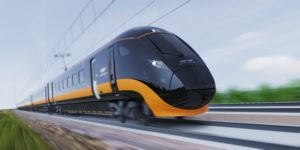 a black and yellow train on a track