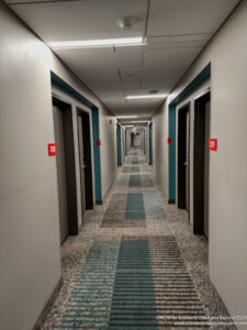 a long hallway with doors and a carpeted floor