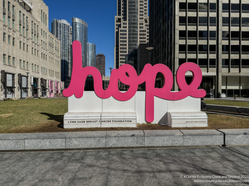 a pink sign in front of a city