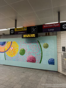 a wall with colorful circles and signs