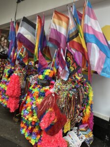 a group of flags and flowers