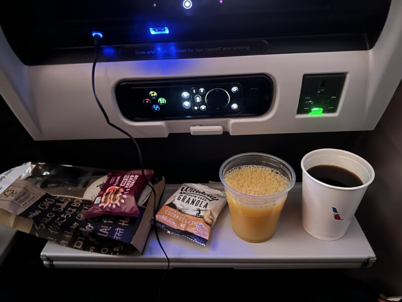 a tray with food and drinks on it