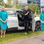 Pictured are Kieran Harte, Head of Uber Ireland (centre) with Sarah Taylor and Annemarie Leahy, Aer Lingus Cabin Crew, at Dublin Airport launching Aer Lingus’ new partnership between AerClub and Uber. From today, members of the airline’s loyalty programme will collect 1 Avios for every €1 spent on any journey taken on the Uber app in Ireland and the UK. Photo: Aer Lingus