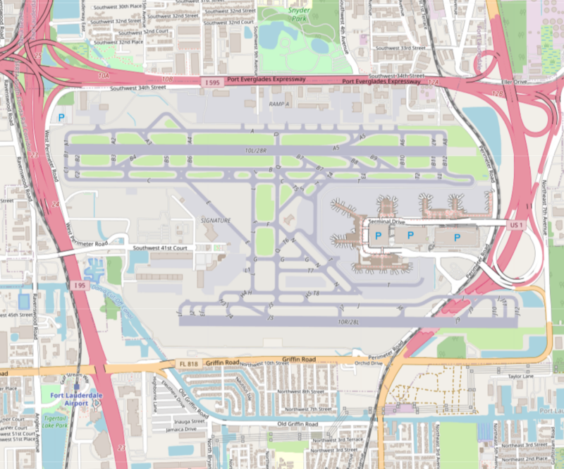 Fort Lauderdale Airport - with Brightline running next to the Perimiter Road - Image, OpenStreetMaps