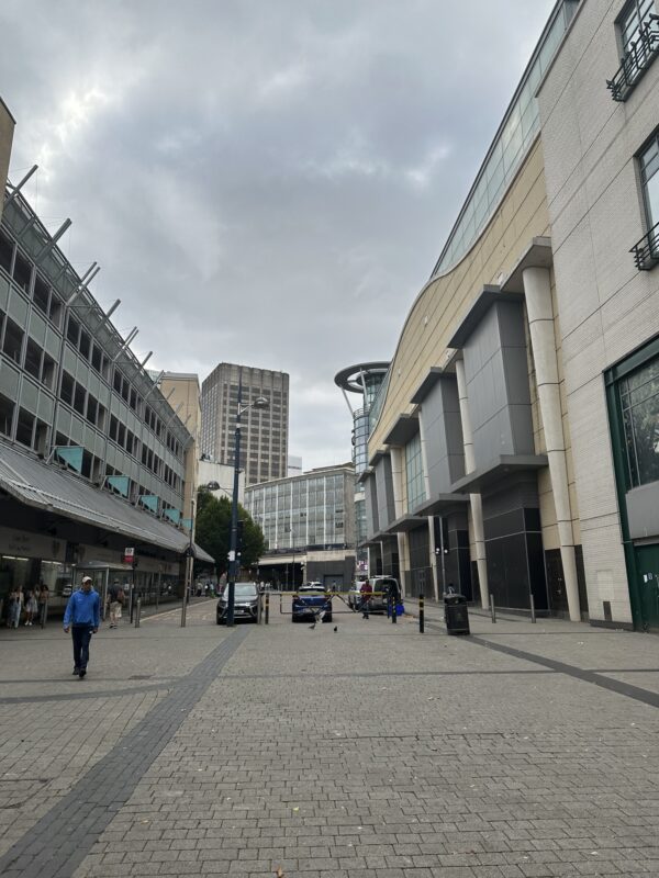 a street with buildings and people walking