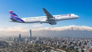 Panorama View of Santiago from Cerro San Cristobal, Chile, with a LATAM Embraer E195-E2, Rendering, Embraer