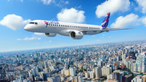 Aerial view from the city of São Paulo, SP, Brazil. with a LATAM Embraer E195-E2, Rendering, Embraer