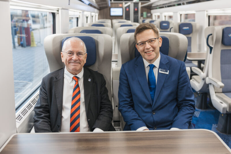 Richard Allan and Rail Minister, Lord Peter Hendy on board the Mark 5A train - Image, Chiltern Railways