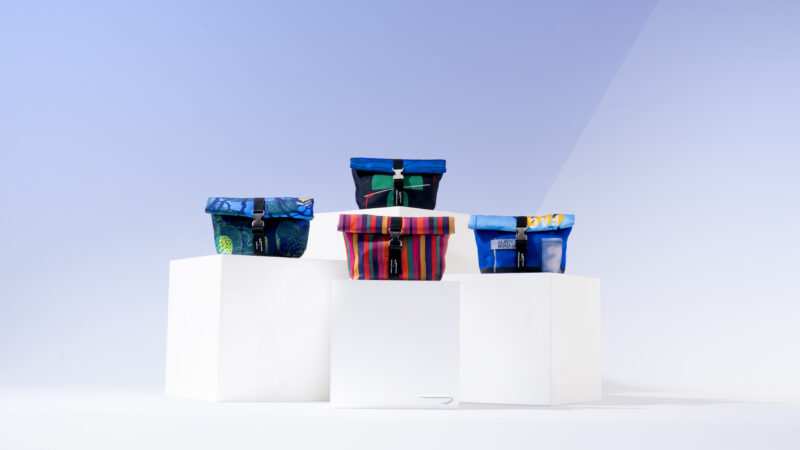 Pedestal image of the 4 new Club World amenity kits designed by the British artists made by the skincare brand anatomē.