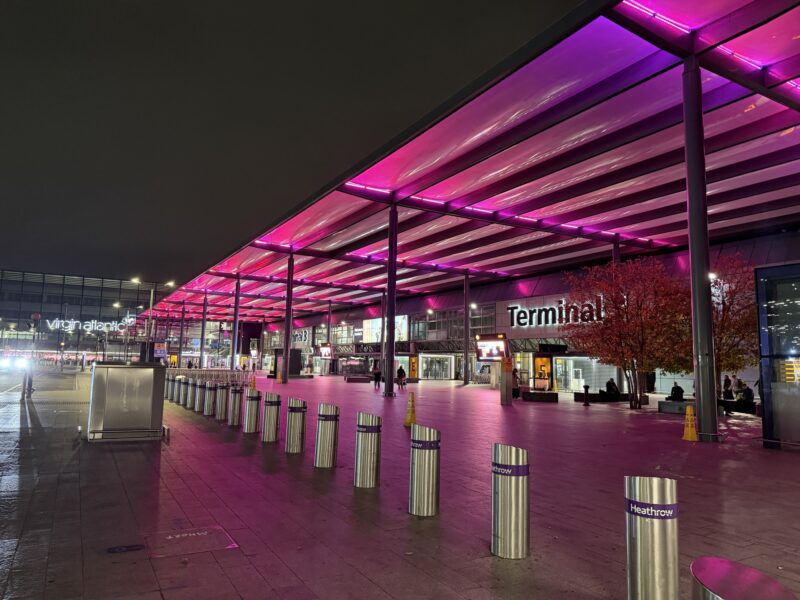 a building with purple lights