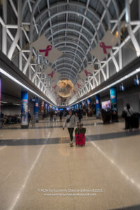 a woman with luggage in a large hall