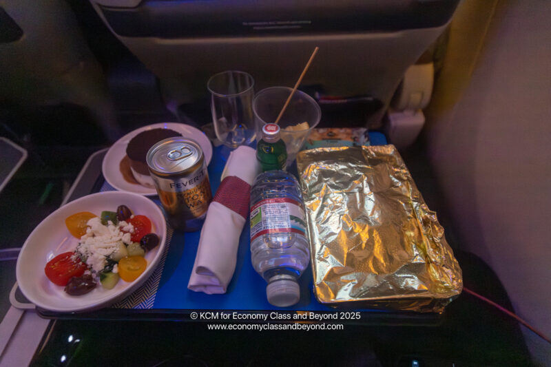a tray with food and drinks on it