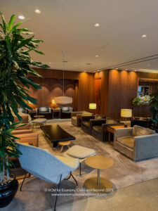 a room with a tree and chairs