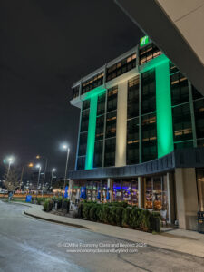 a building with green lights