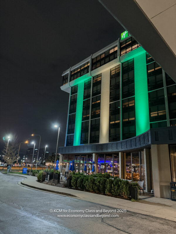 a building with green lights
