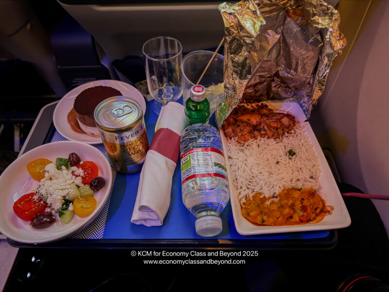 a tray of food and drinks on a table