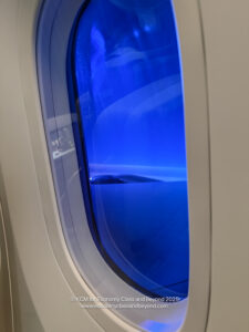 a window with a blue light