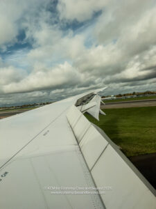 an airplane wing on a runway