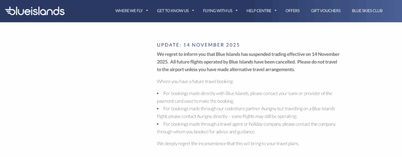 Blue Islands Suspends Services