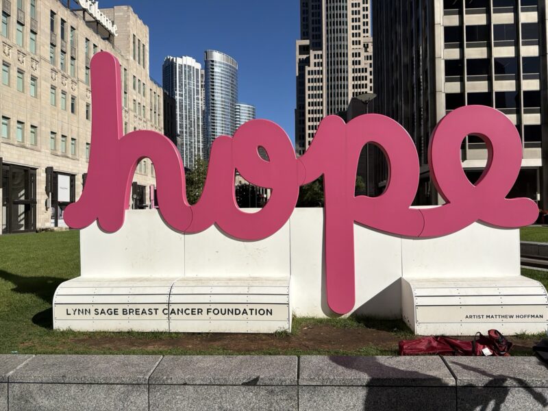a pink sign in front of a city
