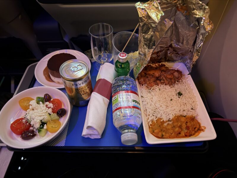 a tray with food and drinks on it