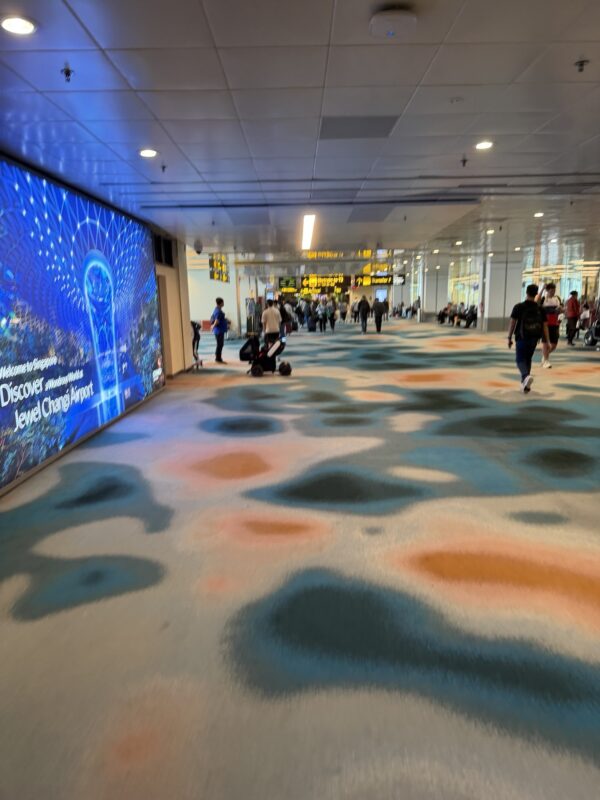 a group of people walking in an airport