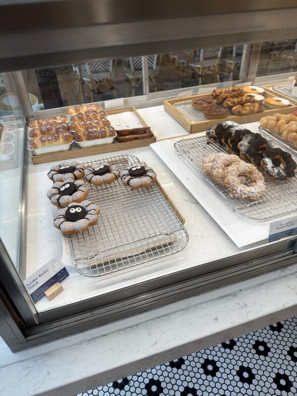 a display case with different types of doughnuts
