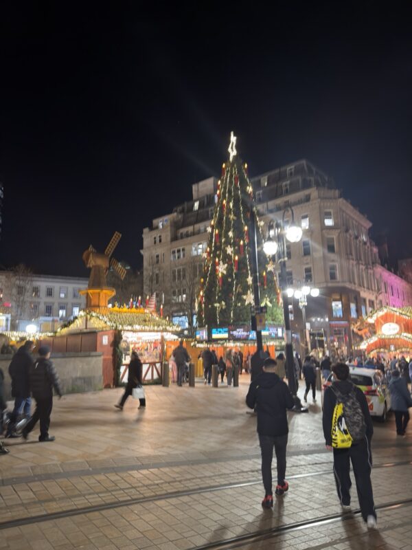 a crowd of people walking around a christmas tree