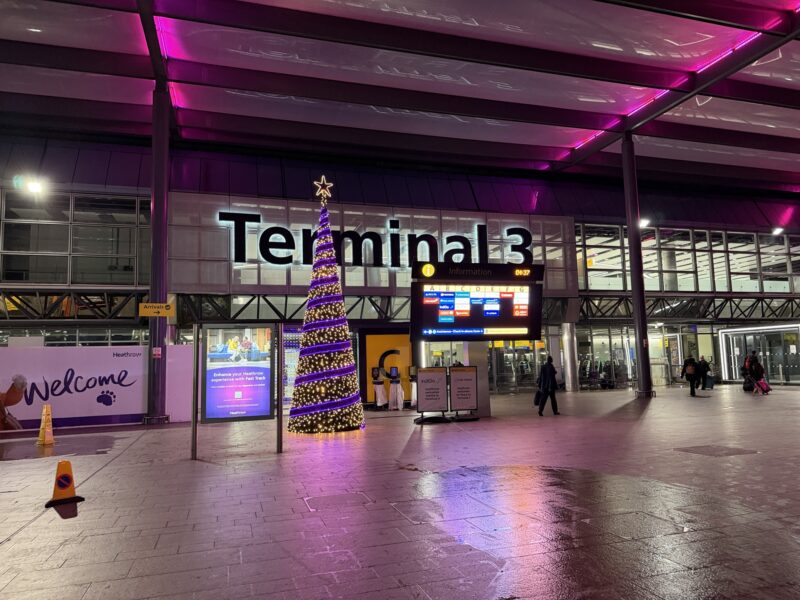 a lighted tree in front of a building
