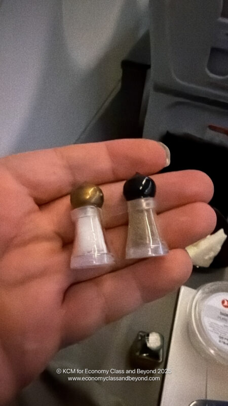 a hand holding salt and pepper shakers