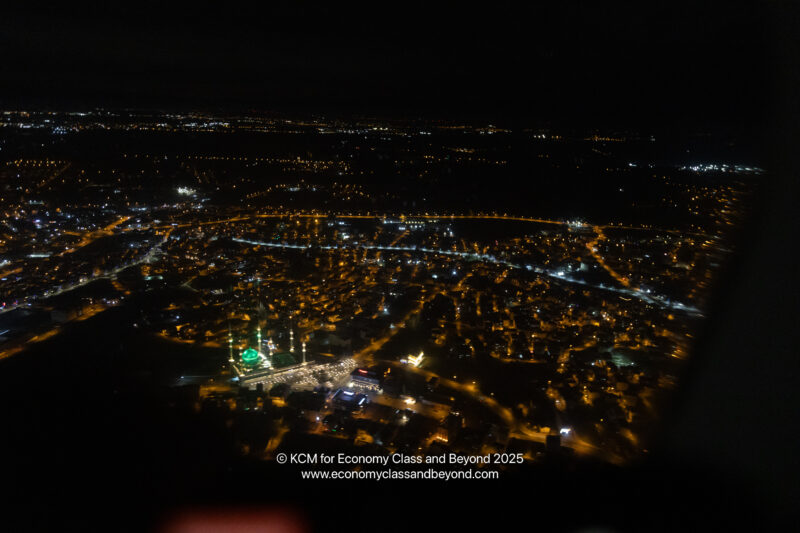 an aerial view of a city at night
