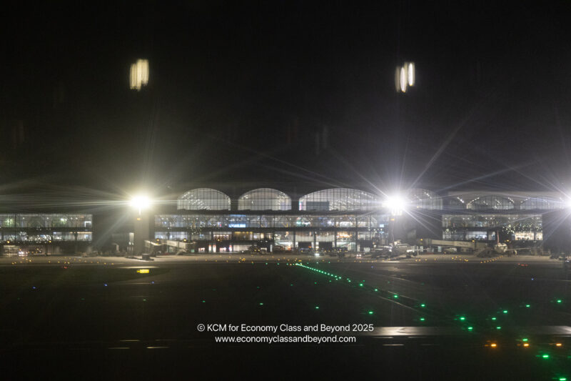 a building with lights at night