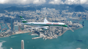 a plane flying over a city
