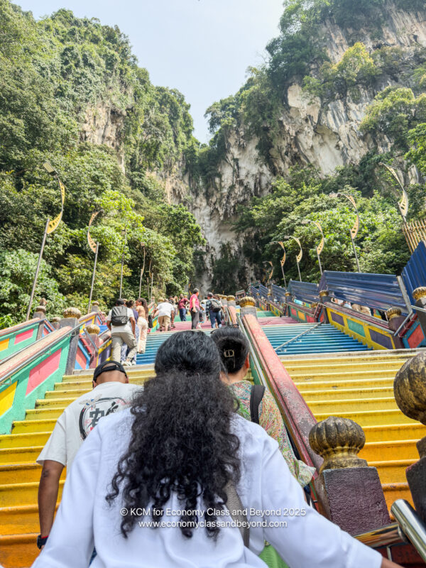a group of people walking up stairs in a mountain