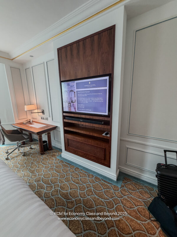 a room with a television and desk