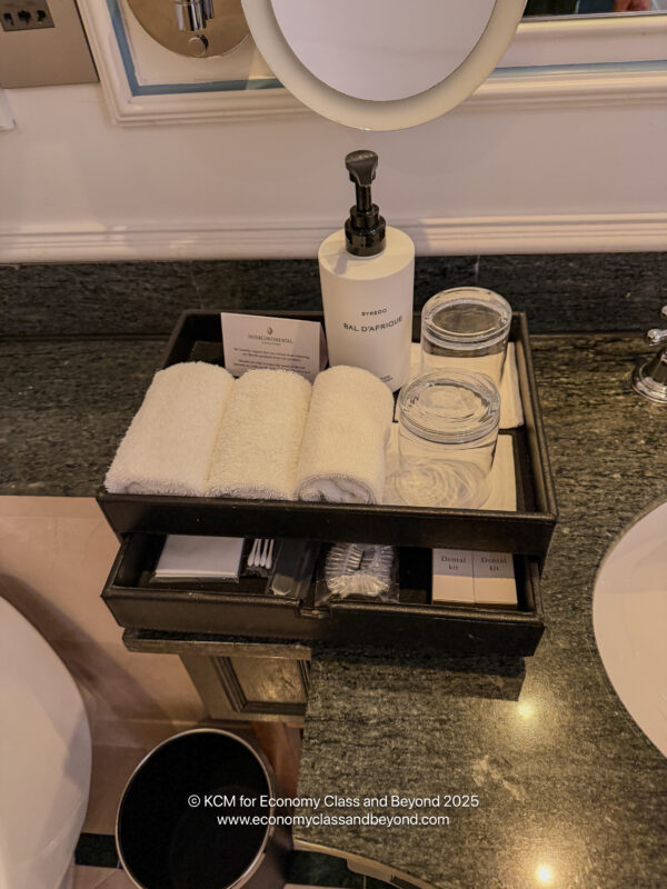 a bathroom set up on a counter