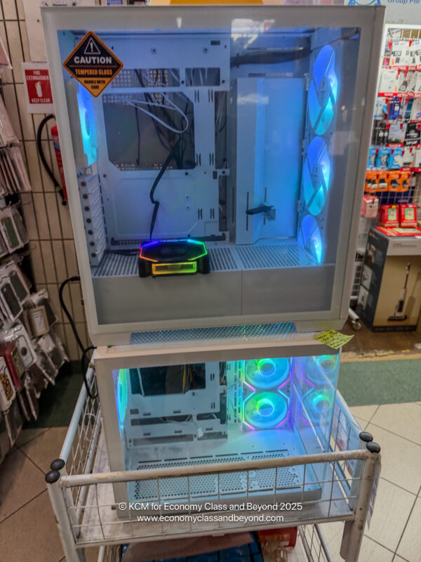 a white computer tower with blue lights inside