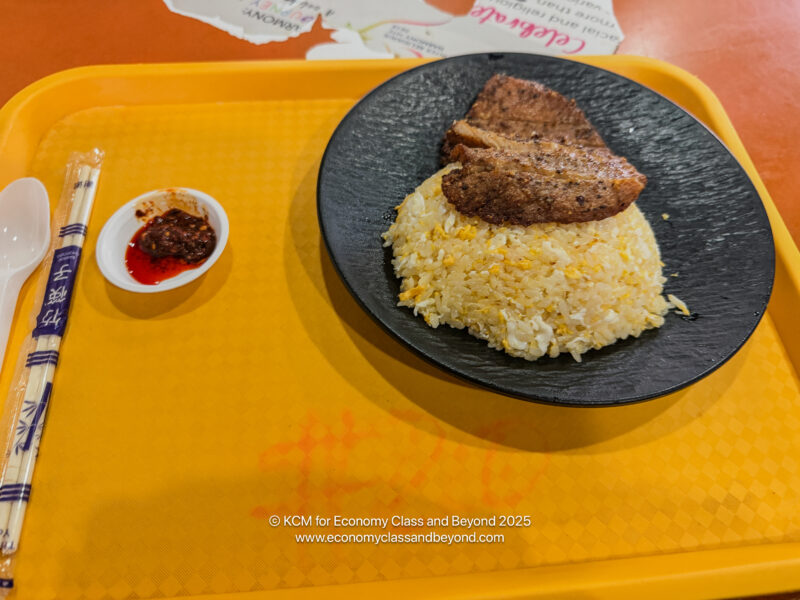 a plate of rice and meat on a tray