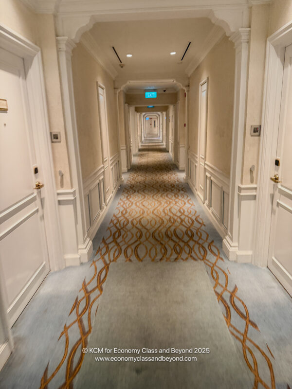 a long hallway with a carpeted floor