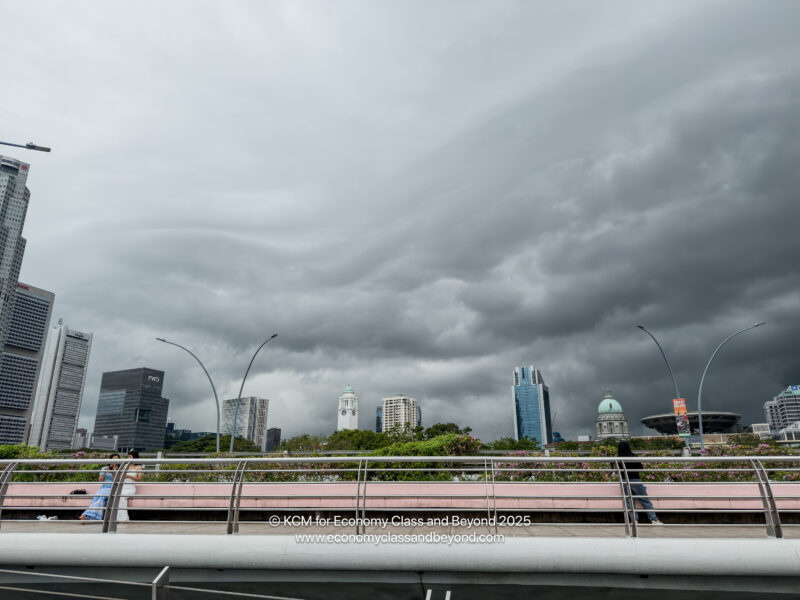 a city skyline with a bridge and a cloudy sky